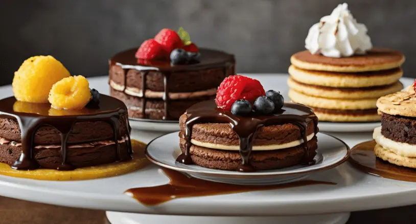 Assortment of gluten-free desserts including pancakes, macaroons, brownies, cheesecake, and flourless chocolate cake