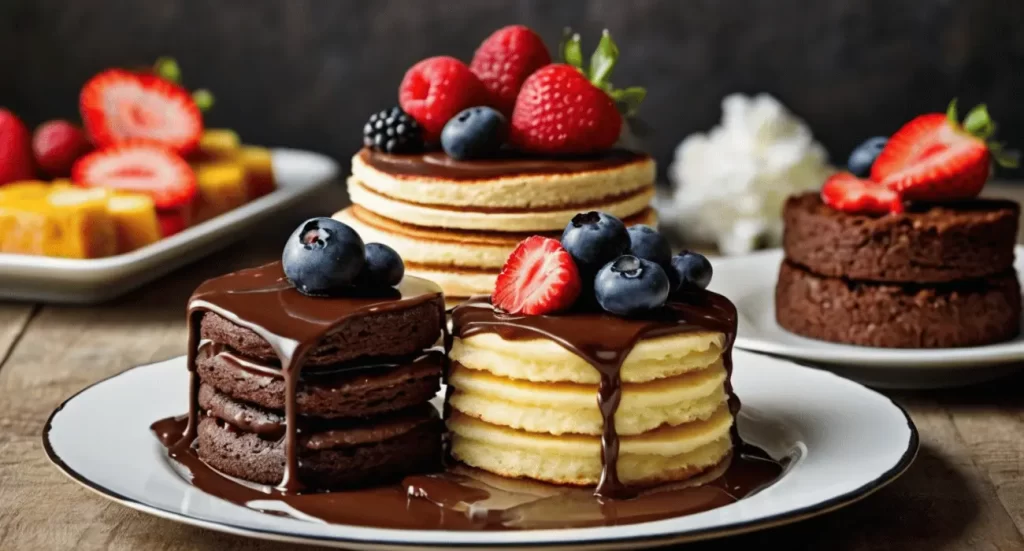 Assortment of gluten-free desserts including pancakes, macaroons, brownies, cheesecake, and flourless chocolate cake