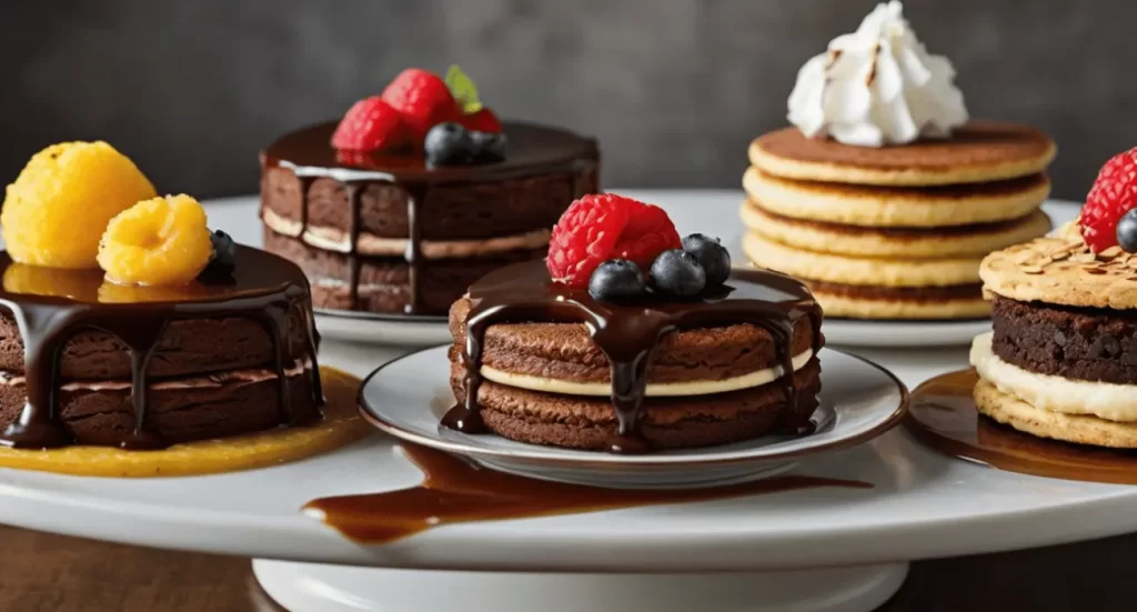 Assortment of gluten-free desserts including pancakes, macaroons, brownies, cheesecake, and flourless chocolate cake