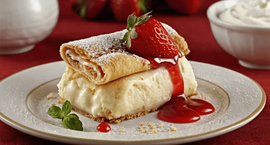 Cheesecake chimichanga with a crispy golden exterior, filled with creamy cheesecake and topped with powdered sugar, served with fresh strawberries and strawberry sauce.