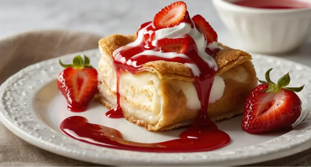 Cheesecake chimichanga with a crispy golden exterior, filled with creamy cheesecake and topped with powdered sugar, served with fresh strawberries and strawberry sauce.