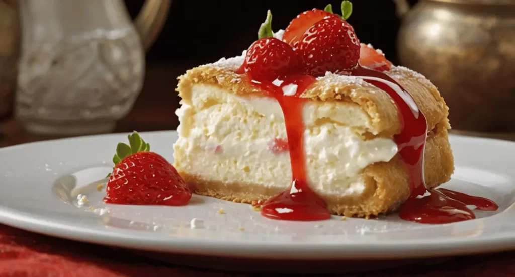 Cheesecake chimichanga with a crispy golden exterior, filled with creamy cheesecake and topped with powdered sugar, served with fresh strawberries and strawberry sauce.