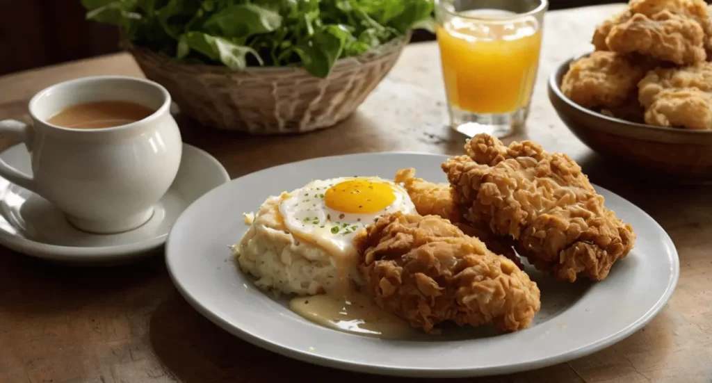 Plate of Daisy Mae's Southern Fried Chicken with fluffy biscuits and a side of hash browns.