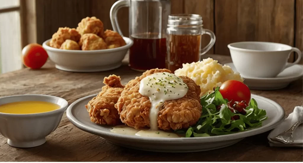 Plate of Daisy Mae's Southern Fried Chicken with fluffy biscuits and a side of hash browns.