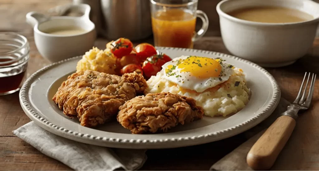 Plate of Daisy Mae's Southern Fried Chicken with fluffy biscuits and a side of hash browns.