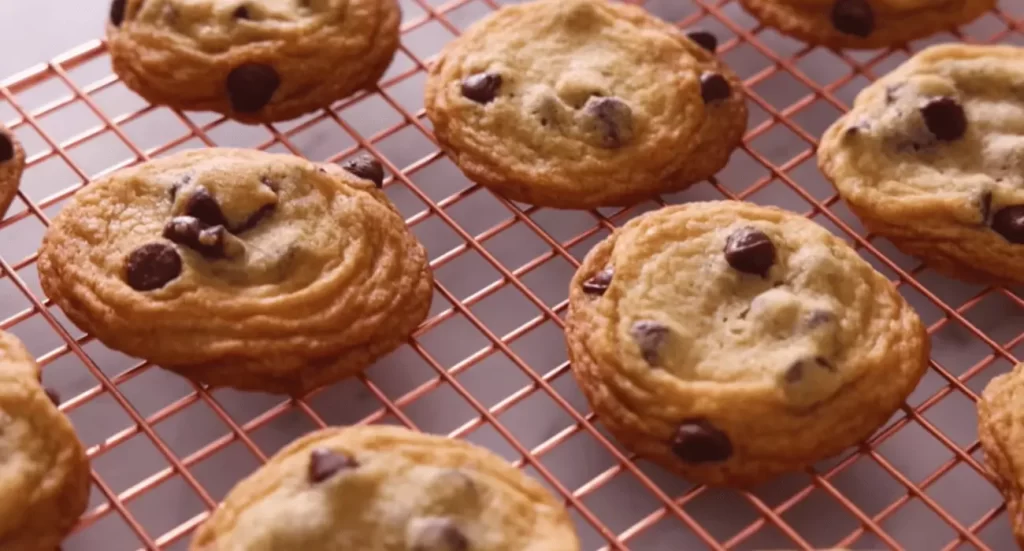 Freshly baked Nestle chocolate chip cookies cooling on a wire rack.